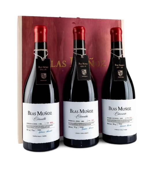 Pack caja de madera 3 botellas vino tinto Blas Muñoz Essentia
