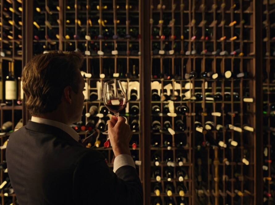 Sommelier evaluating a glass of wine in the cellar with Bodegas Muñoz wines on the shelves