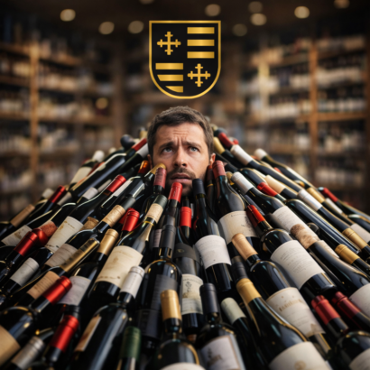 Hombre atrapado entre botellas de vino