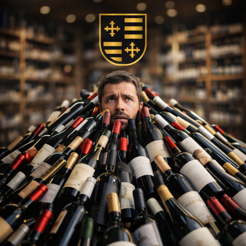 Hombre atrapado entre botellas de vino