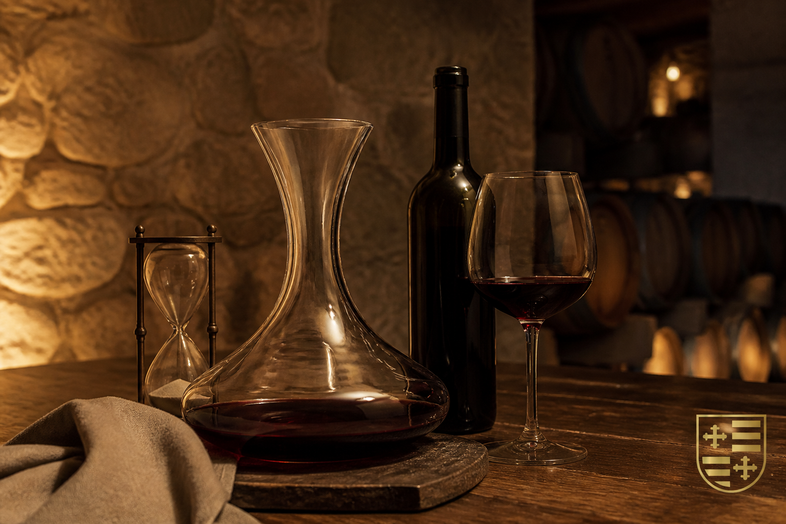 Decantador con vino tinto, copa y reloj de arena en una bodega