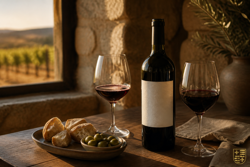 Botella de vino tinto junto a dos copas y un viñedo al atardecer