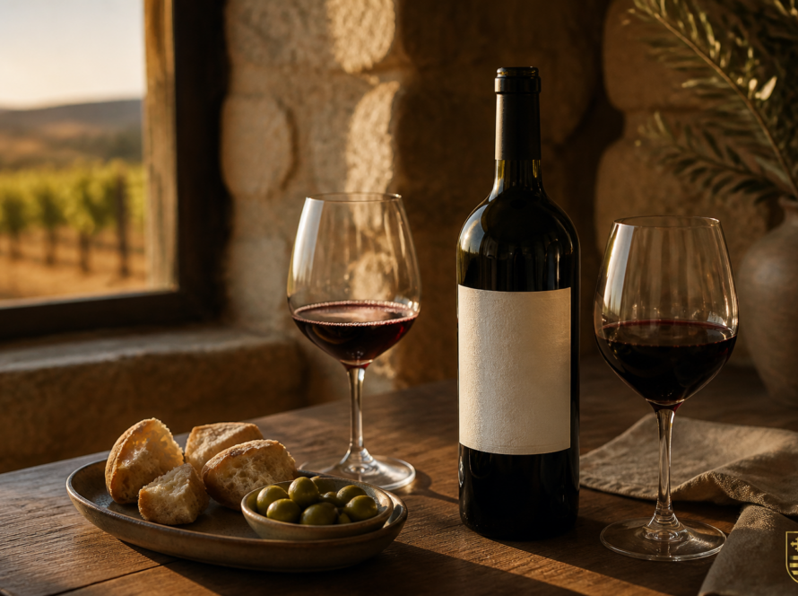 Botella de vino tinto junto a dos copas y un viñedo al atardecer