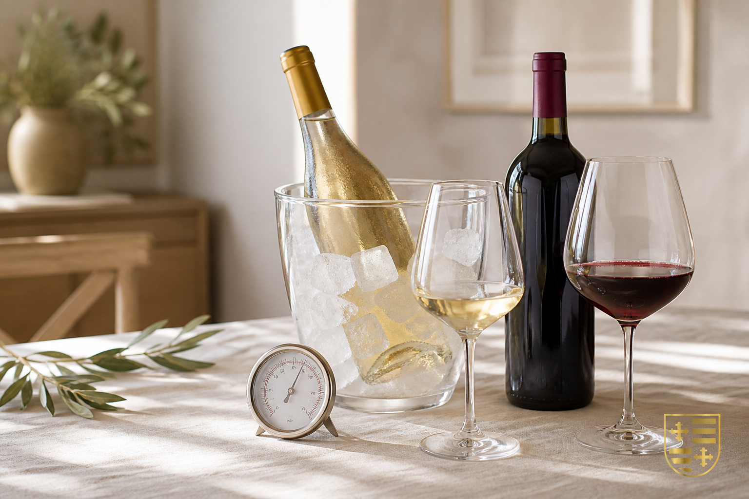 Vino blanco enfriándose junto a una botella de vino tinto y copas en una mesa luminosa